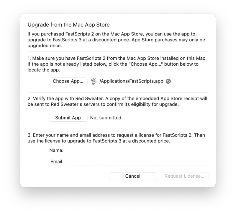 screenshot of panel showing steps for locating and converting a Mac App Store license to direct purchased license