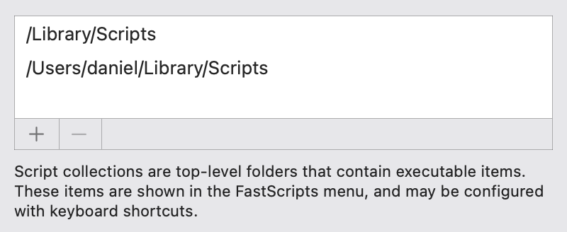 Screenshot of FastScripts settings interface for adding or removing script folders